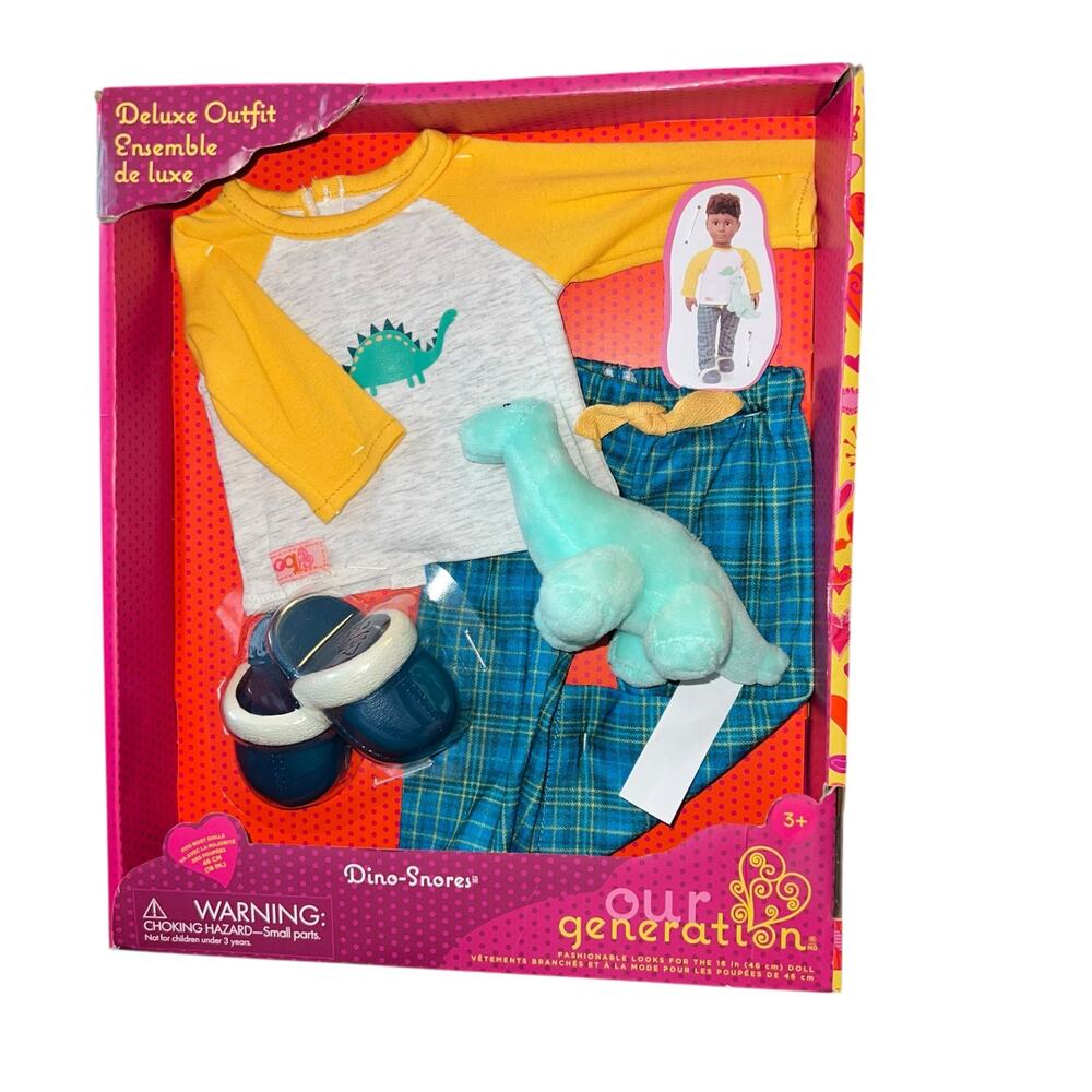 Our Generation 18" Boy Doll Outfit Dinosaur Pajamas slippers Dino-Snores NEW